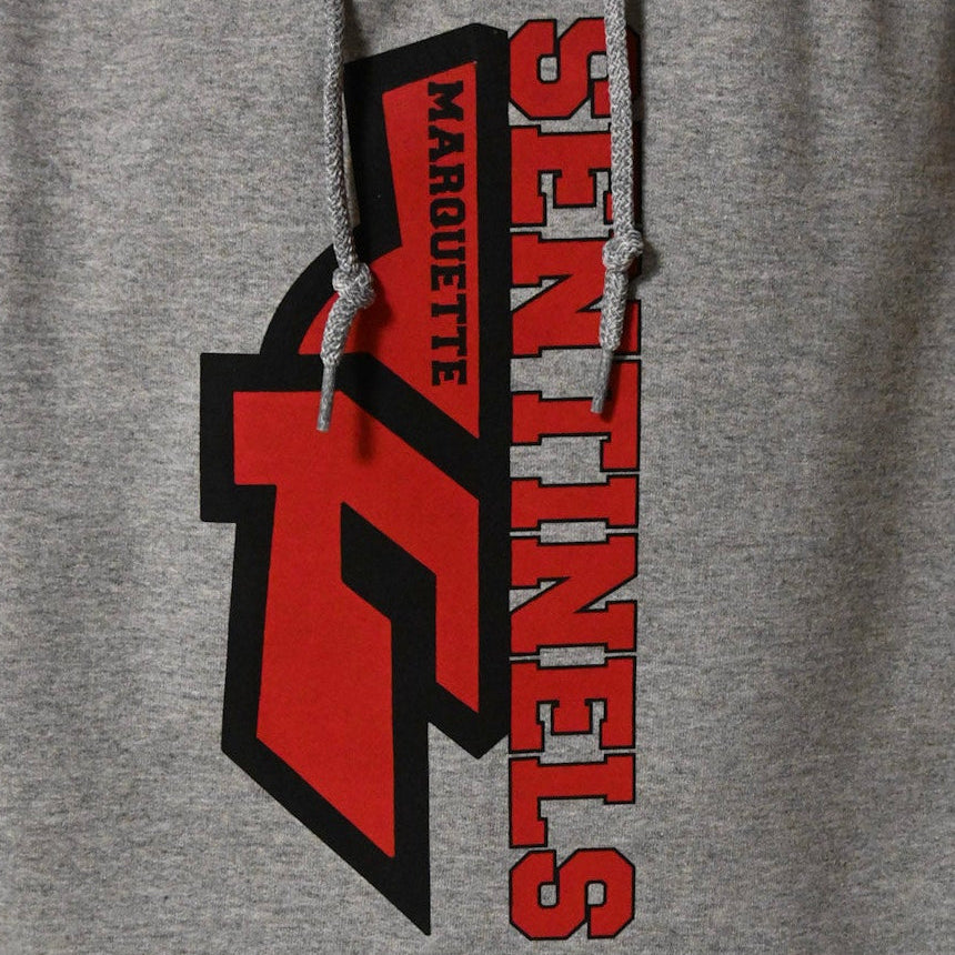 Half Sentinel helmet with "Sentinels" written vertically on Light Grey Hoodie