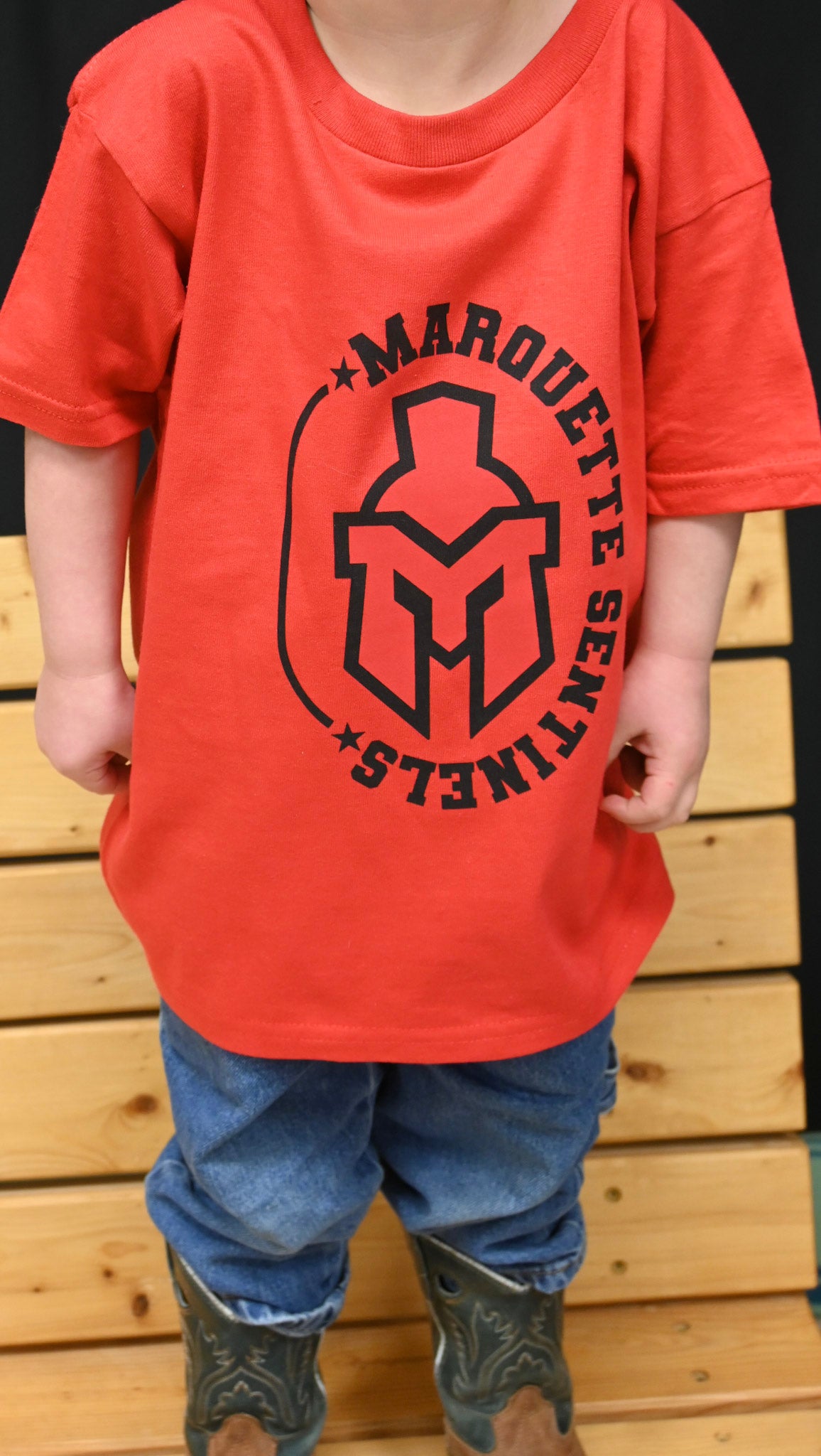 Short Sleeve red shirt with Marquette Sentinels "helmet and Stars" design