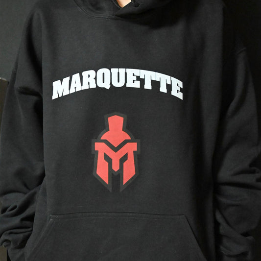 Black Heavy Weight Hoodie with Marquette text and medium sentinel head