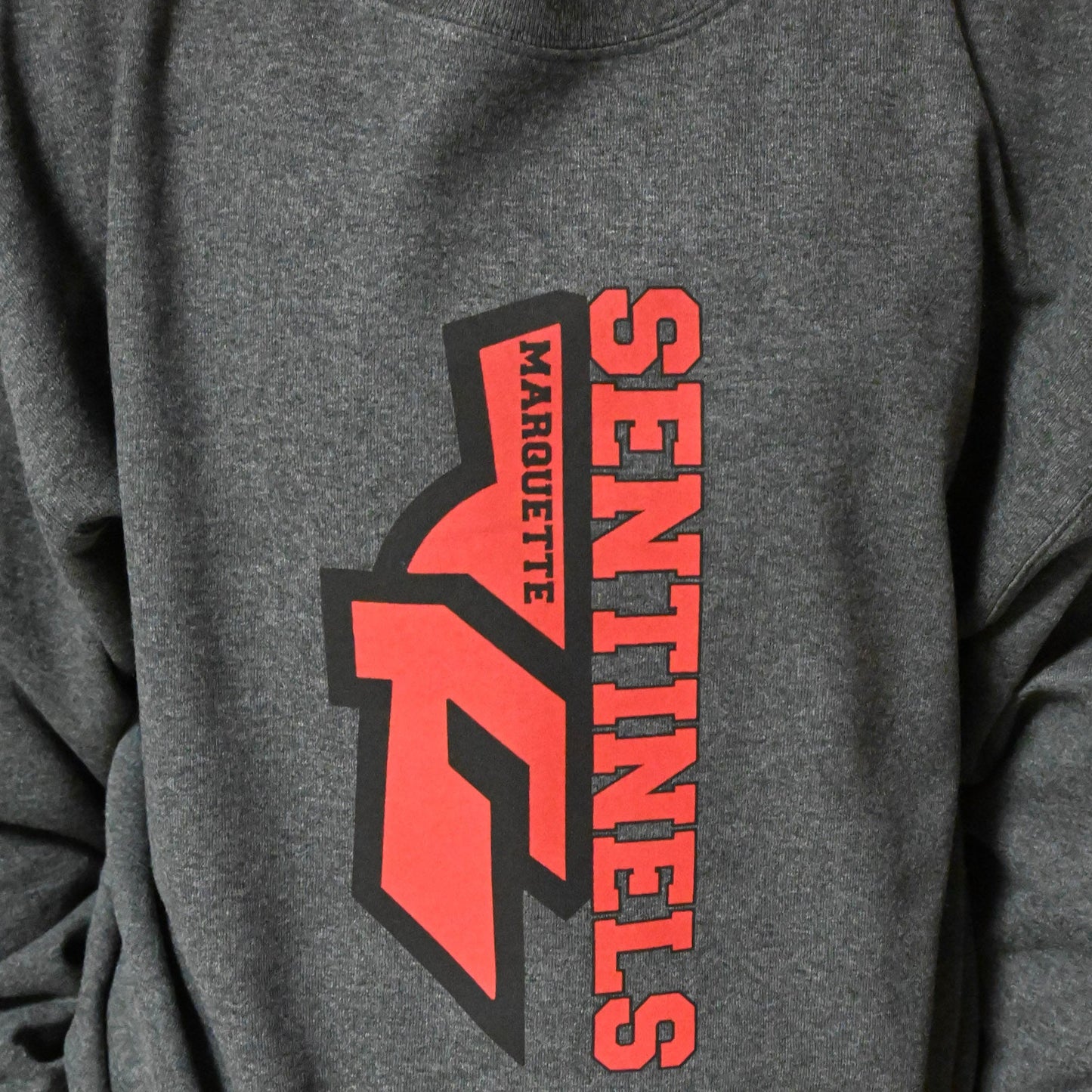 Half Sentinel helmet with "Sentinels" written vertically on Dark Grey Crewneck