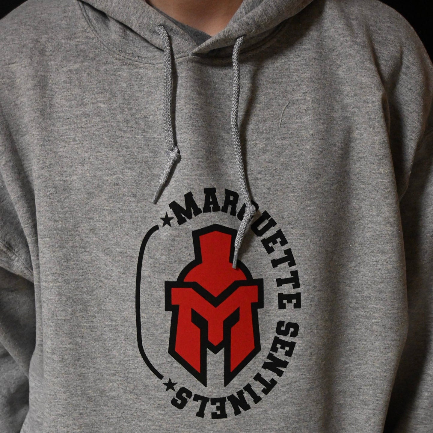 Sentinel Helmet with "Marquette Sentinels & Stars border on Light Grey hoodie