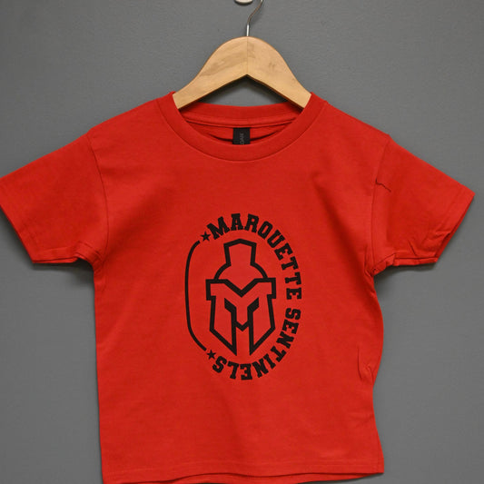 Short Sleeve red shirt with Marquette Sentinels "helmet and Stars" design