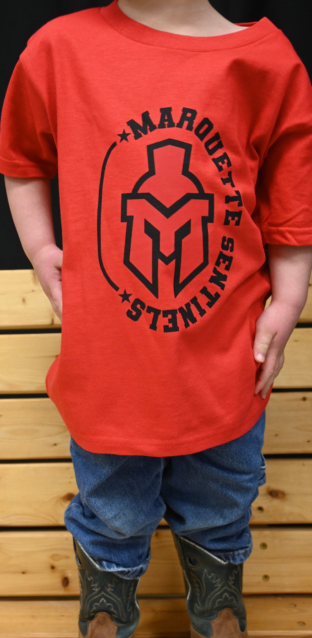 Short Sleeve red shirt with Marquette Sentinels "helmet and Stars" design
